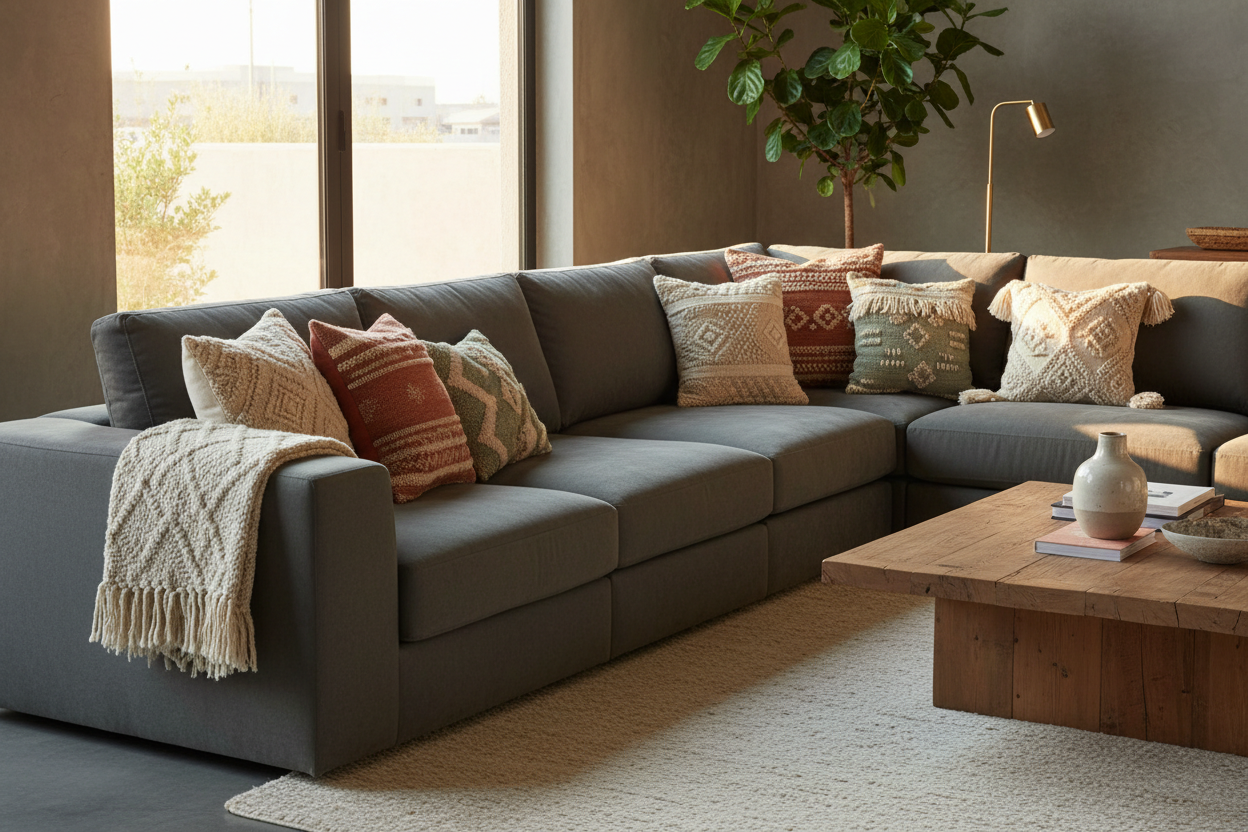 Collection of Handwoven Wool Cushions on modular sofa