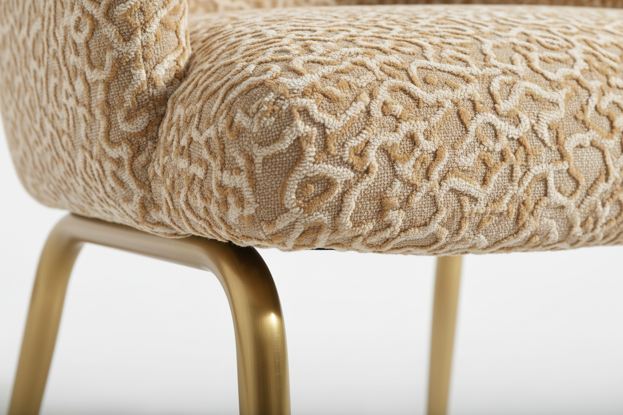 Travertine Accent Chair - fabric texture and brass leg detail
