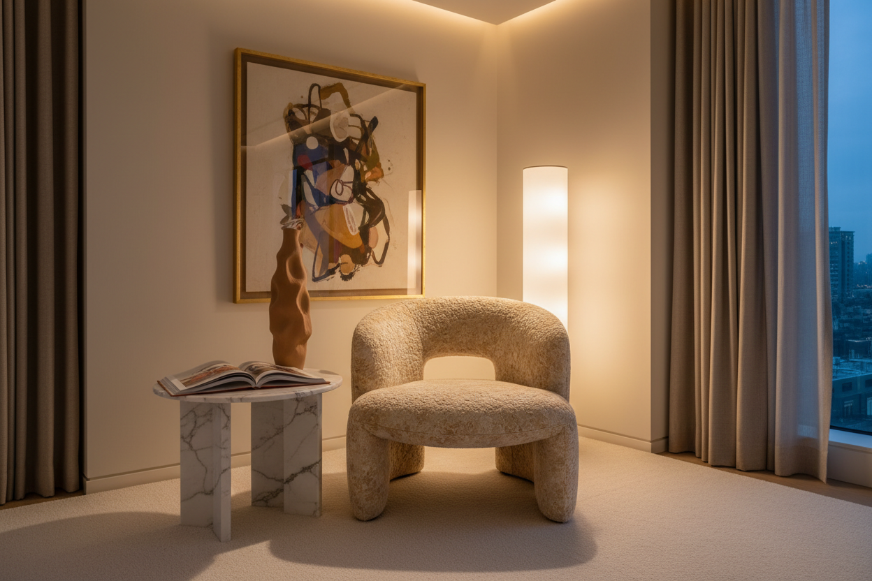 Travertine Accent Chair styled in luxury living room