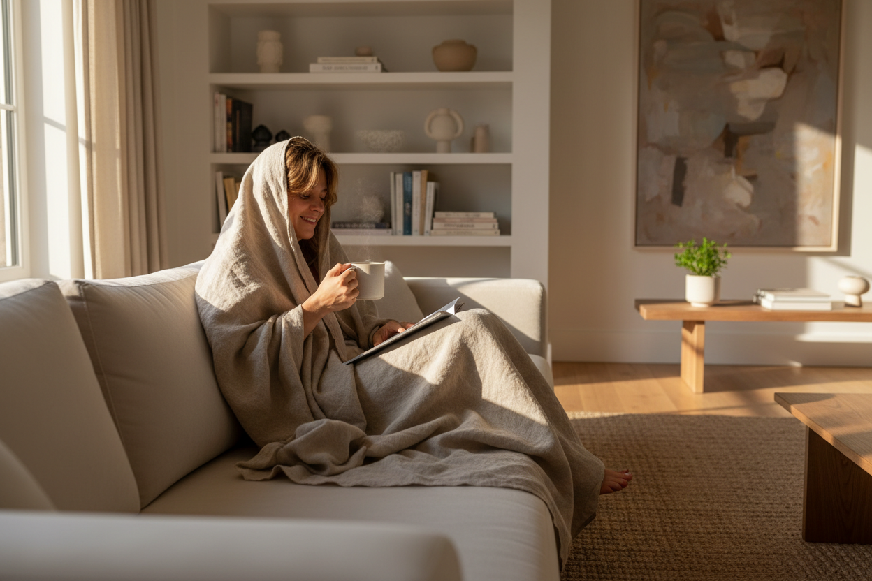 Person wrapped in Linen Throw Blanket on sofa