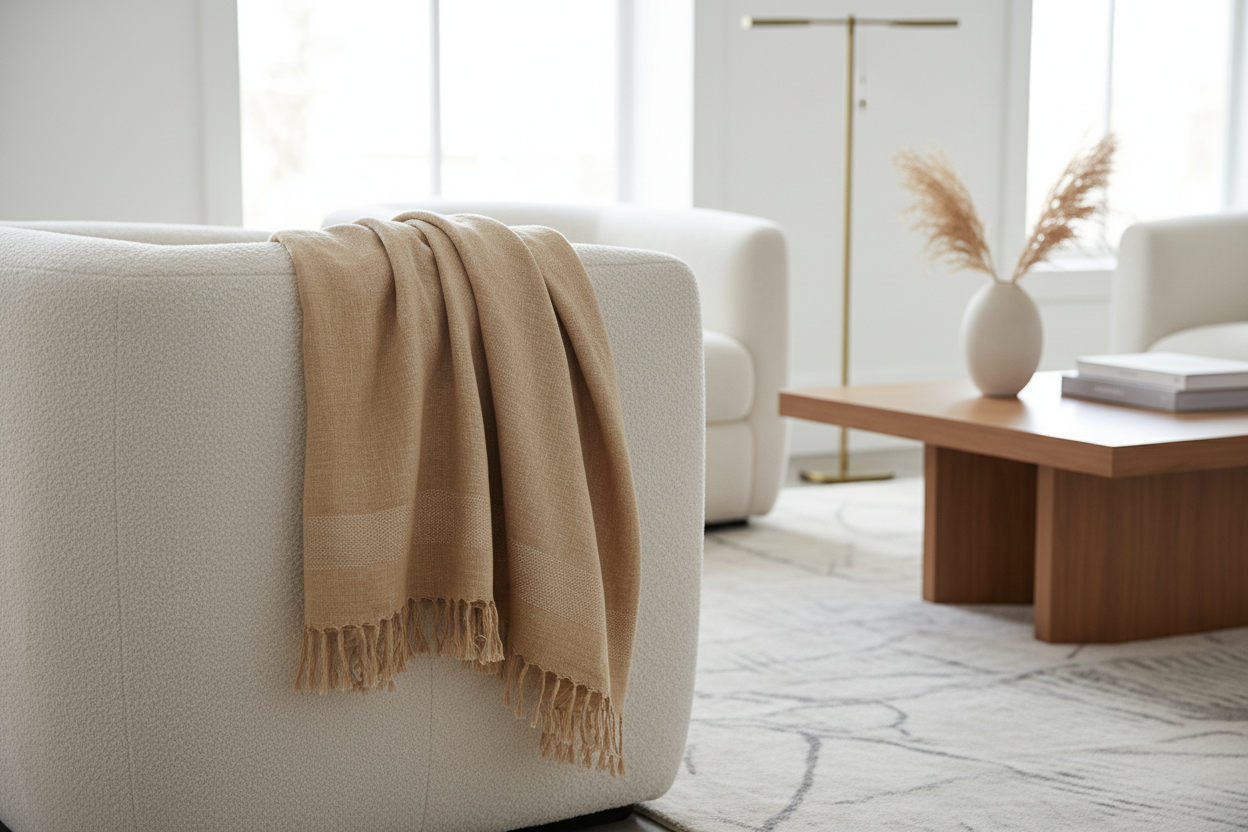 Linen Throw Blanket draped over boucle armchair