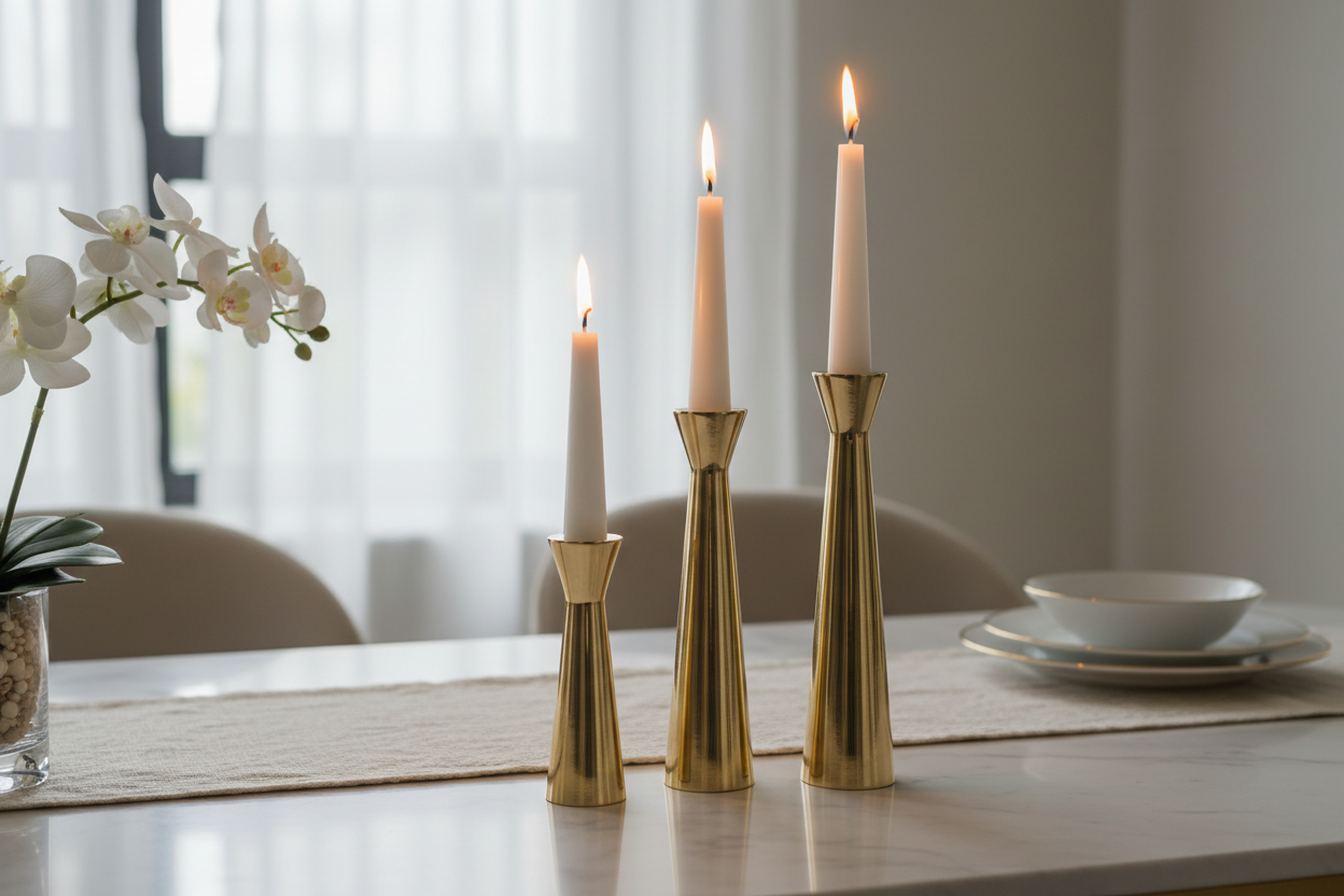 Brass Candle Holder Set on marble dining table with taper candles