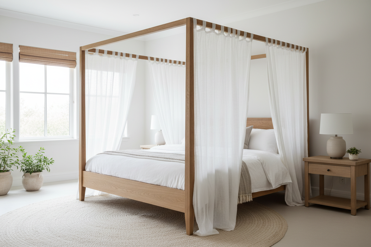 Linen Canopy Bed with sheer drapes in airy white bedroom