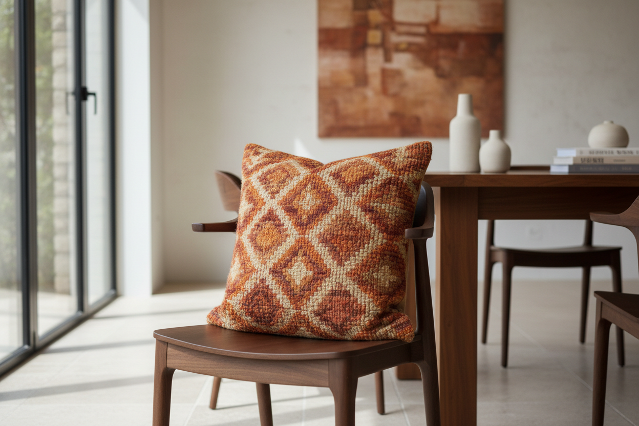 Handwoven Wool Cushion on walnut dining chair