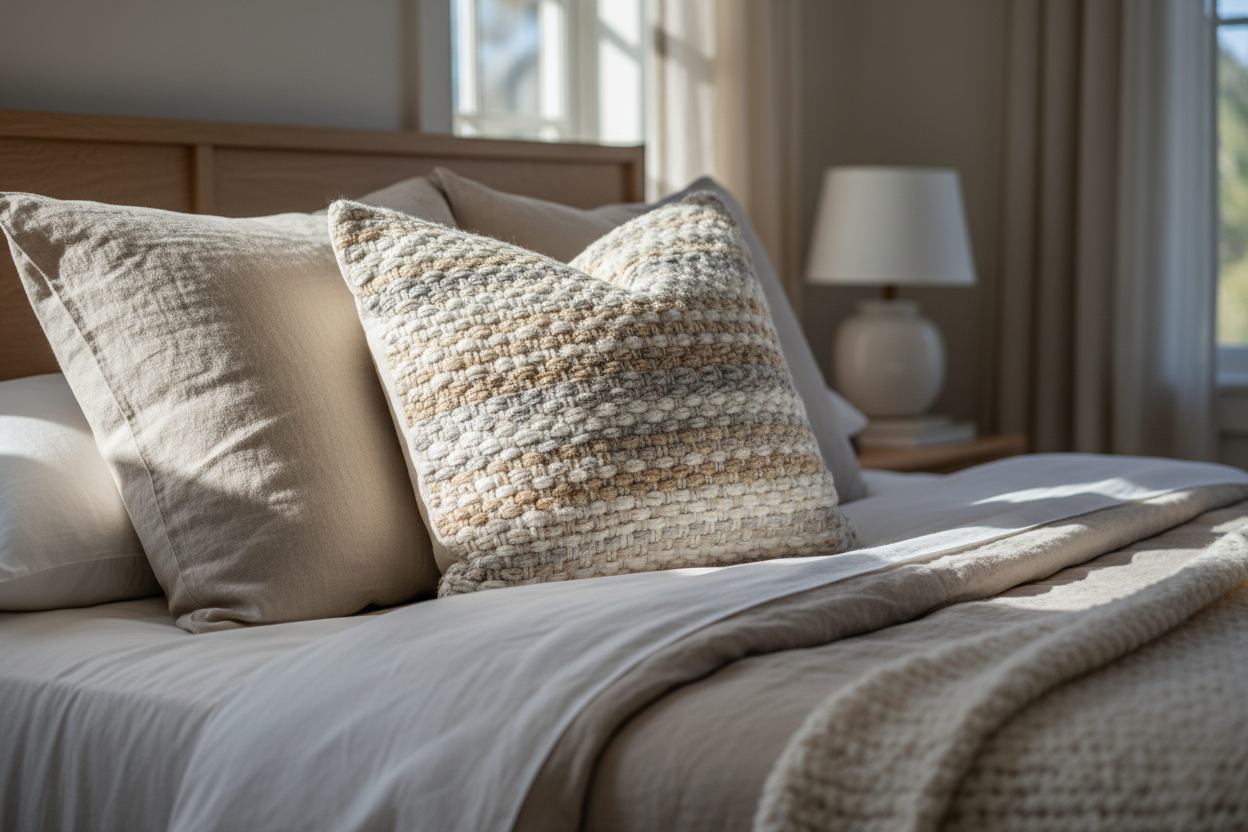 Handwoven Wool Cushion on luxury bed with linen pillows