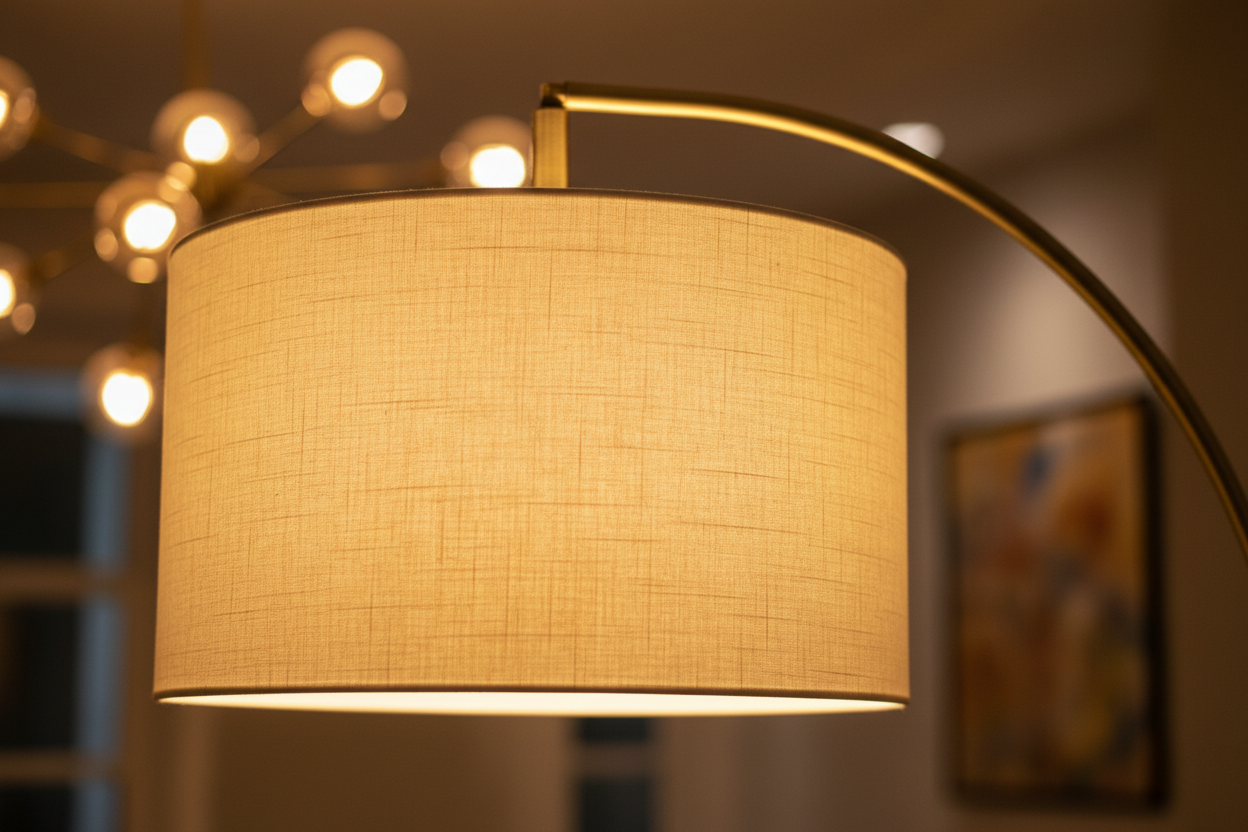 Arc Brass Floor Lamp - linen shade with warm glow