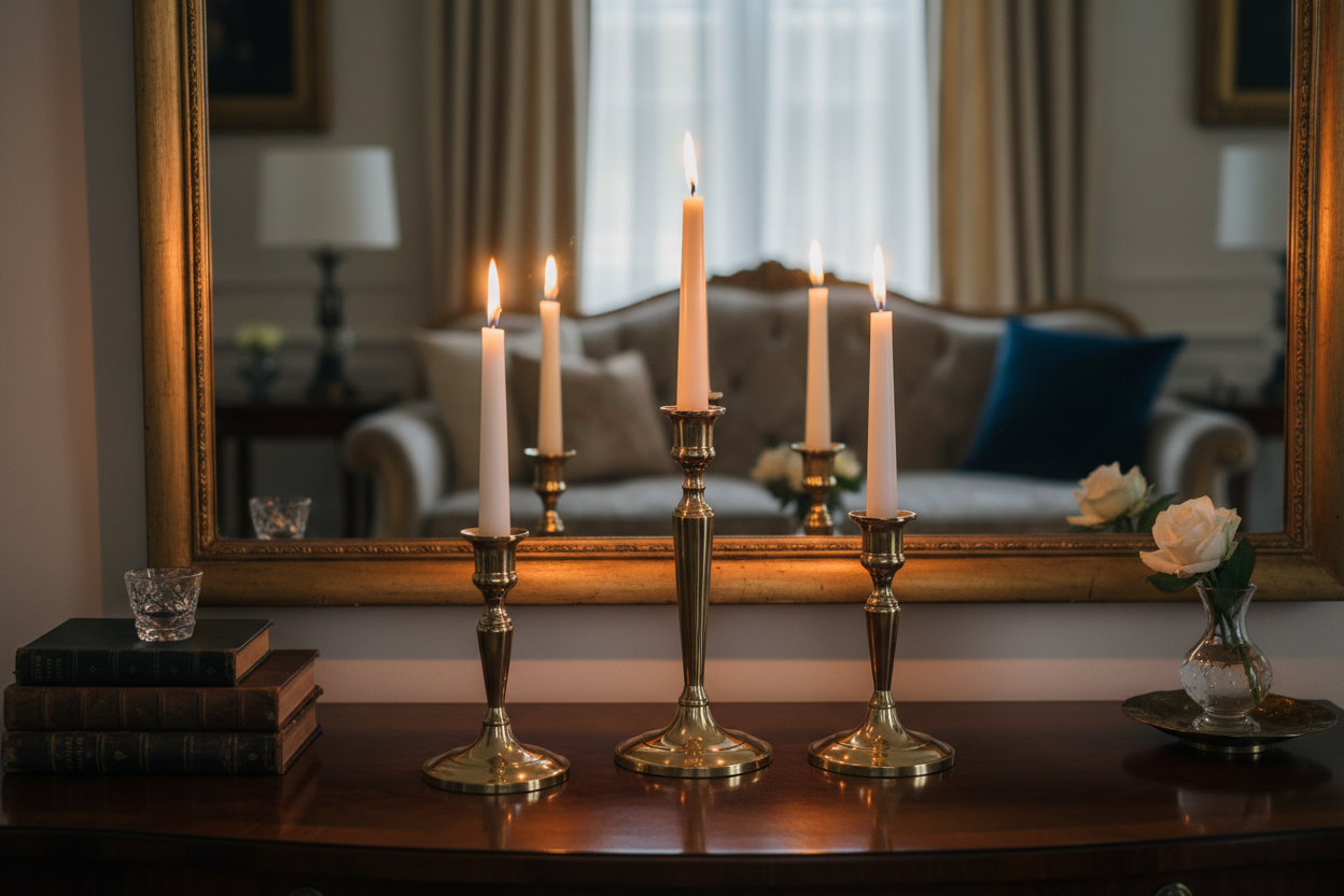 Brass Candle Holder Set with lit candles on sideboard