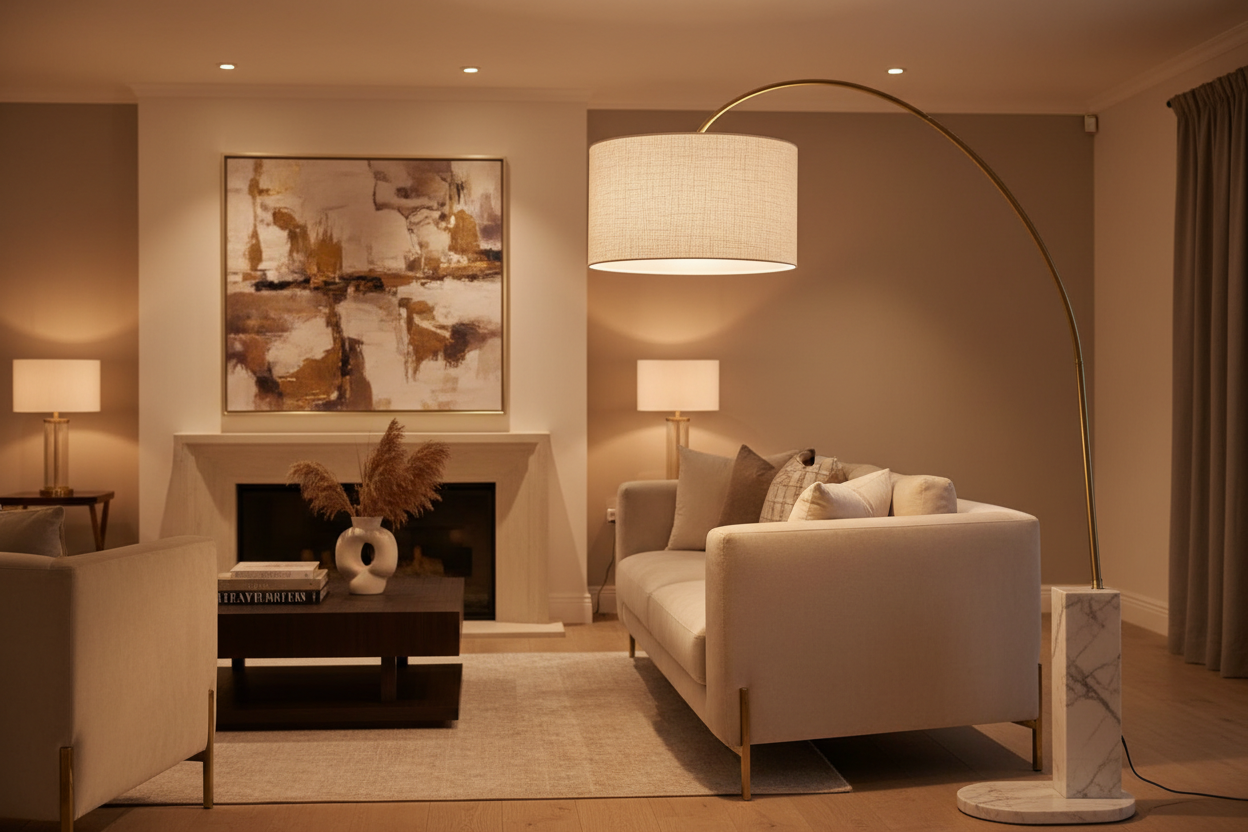 Arc Brass Floor Lamp in luxury living room
