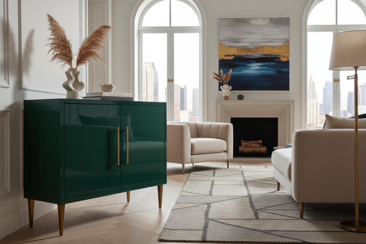 Forest Green Lacquered Cabinet in high-end living room
