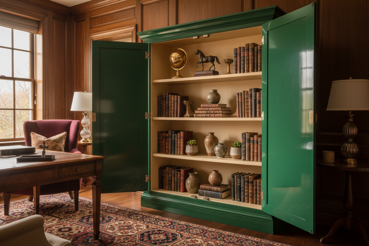 Lacquered Cabinet with doors open showing interior shelving