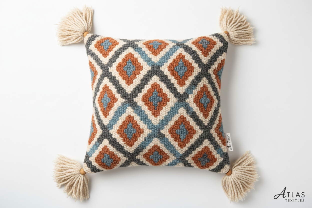 Handwoven Wool Cushion flat lay showing full pattern and tassels