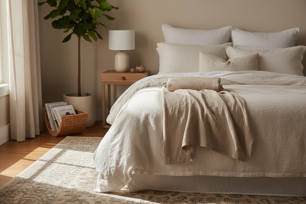 Linen Throw Blanket folded at foot of luxury bed