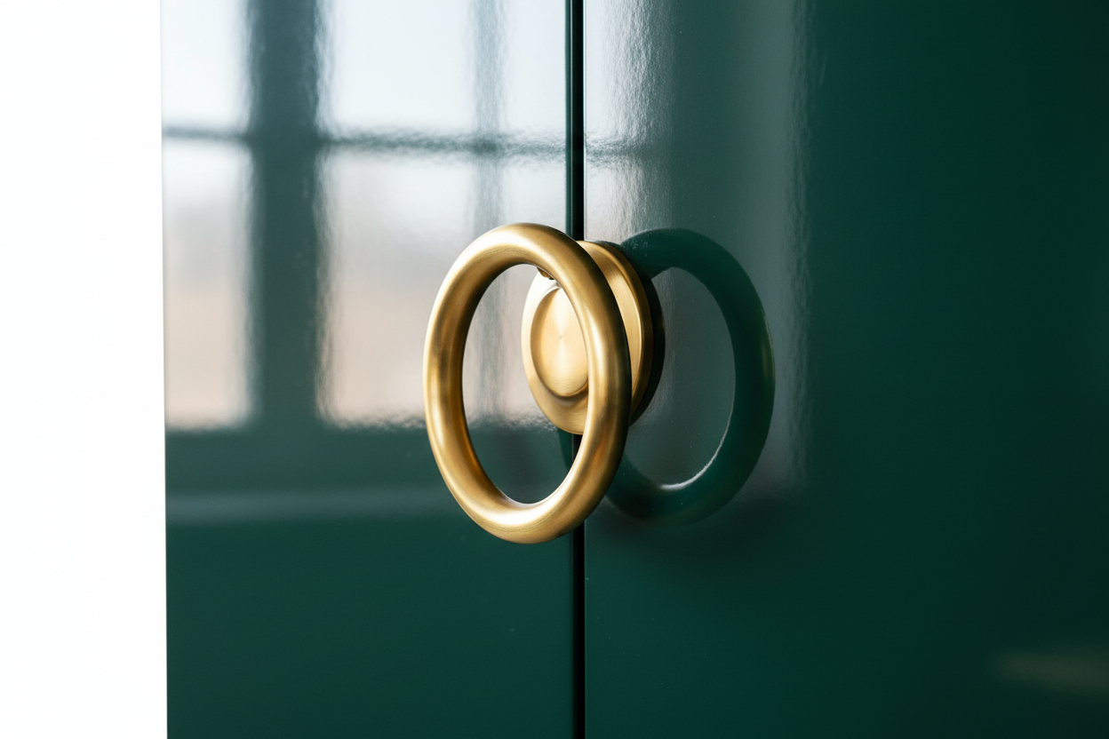 Lacquered Cabinet - high-gloss green lacquer and brass handle detail