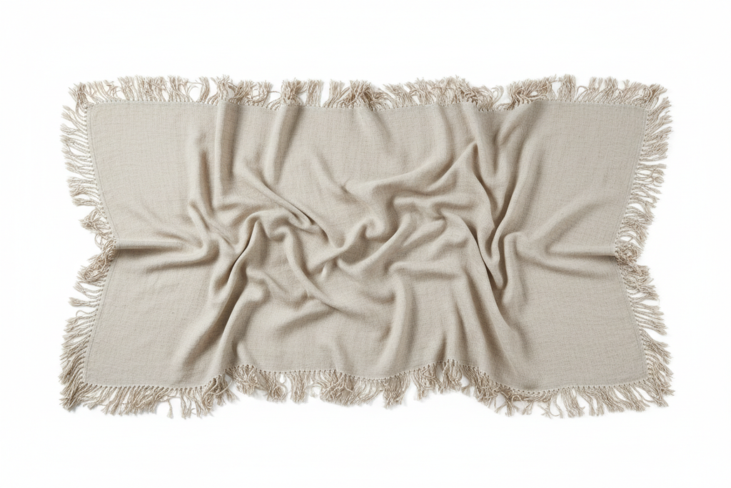 Linen Throw Blanket flat lay showing full size and fringe