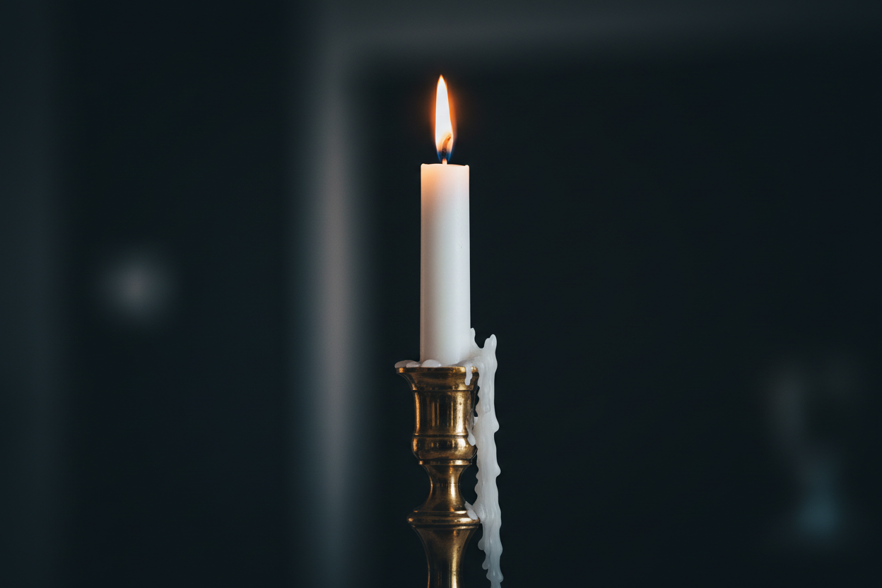Tall brass candle holder with lit taper candle, moody candlelight