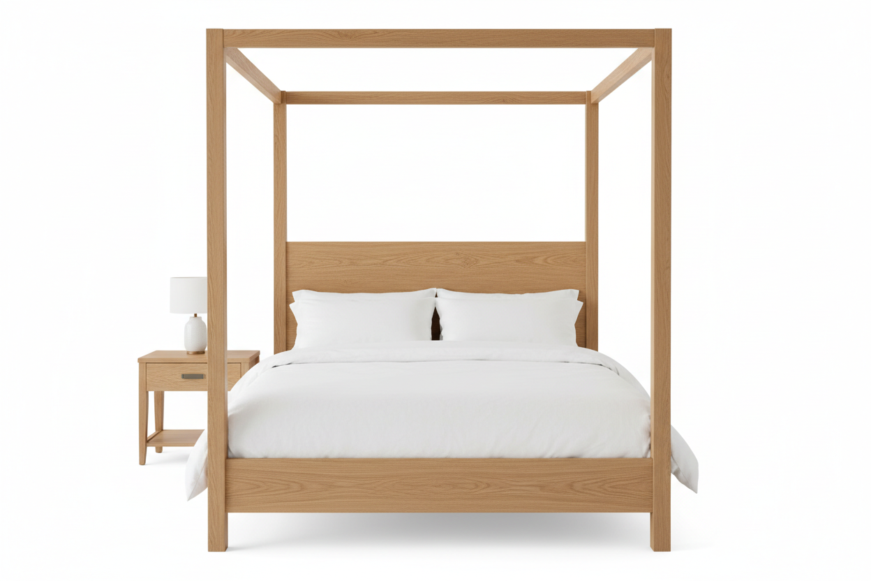 Linen Canopy Bed full product view showing oak frame structure