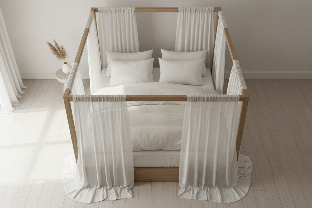 Linen Canopy Bed top-down view with sheer drapes cascading