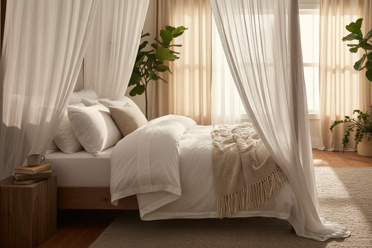 Linen Canopy Bed styled with layered white bedding in morning light